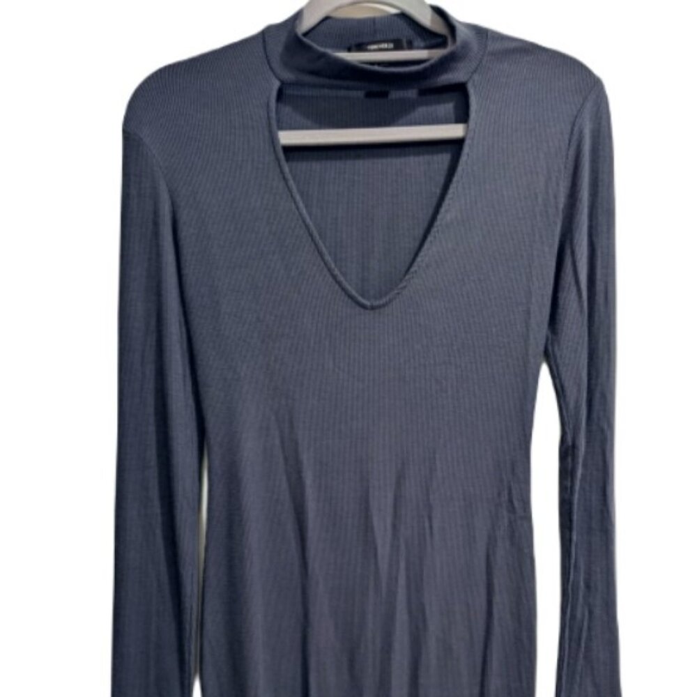 Dark grey long sleeve rib knit dress with cut out collar detail - Size S